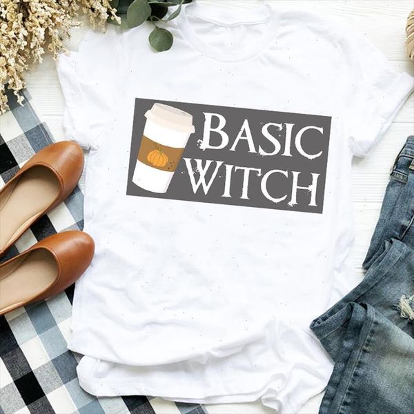 

women lady witch coffee trend 90s thanksgiving halloween print tshirt female t tee womens shirt clothes graphic t shirt, White
