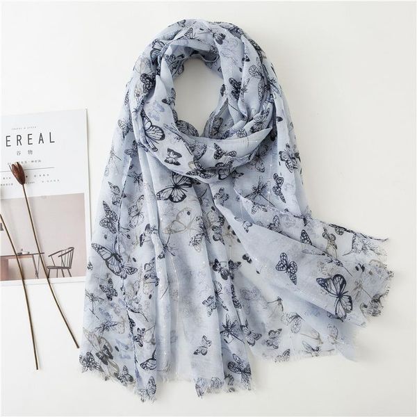 

2020 fashion grey butterfly dragonfly printed cotton scarf autumn and winter sun protection warm shawl women's silk scarf, Blue;gray