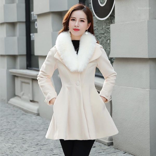 

winter woolen jacket women new 2020 women winter woolen coat long slim thickening warm big fur collar jackets female coats1, Black