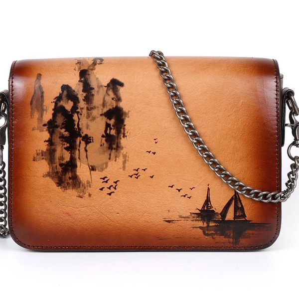 

women genuine leather bag chinese style ink landscape painting flip handbag retro female sling shoulder crossbody messenger bags