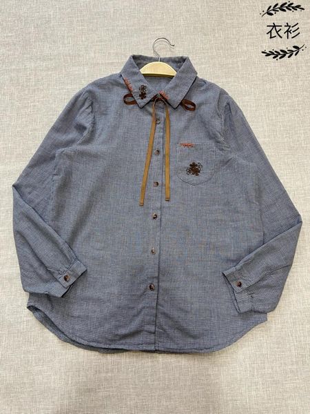 

ribbon embroidery cotton plaid shirt female literature and art shirt, White