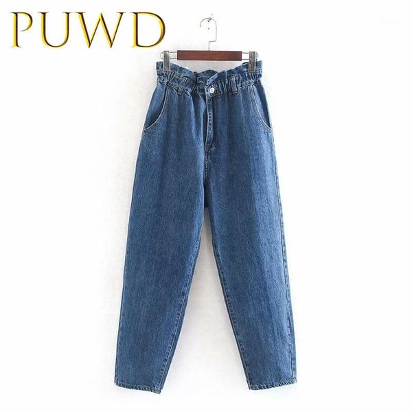 

puwd 2019 autumn new women's pure black high waist jeans loose pencil pants1, Blue