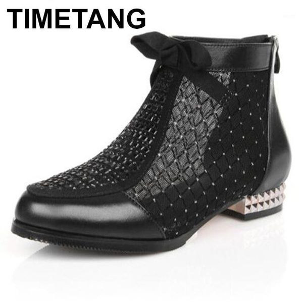 

timetang brand boots cowhide mesh summer shoes woman cool boots fashion 2020 rhinestones bow large size women1, Black