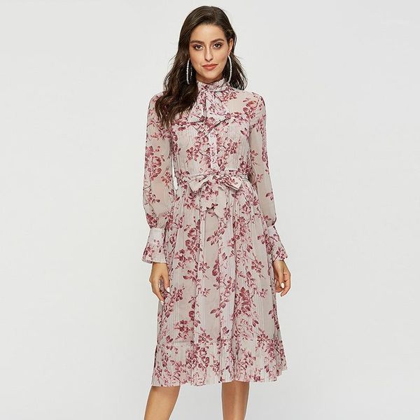 

new year 2021 long sleeve pleated midi chiffon print floral dress for women ladies streetwear vogue casual autumn winter dresses1, Black;gray