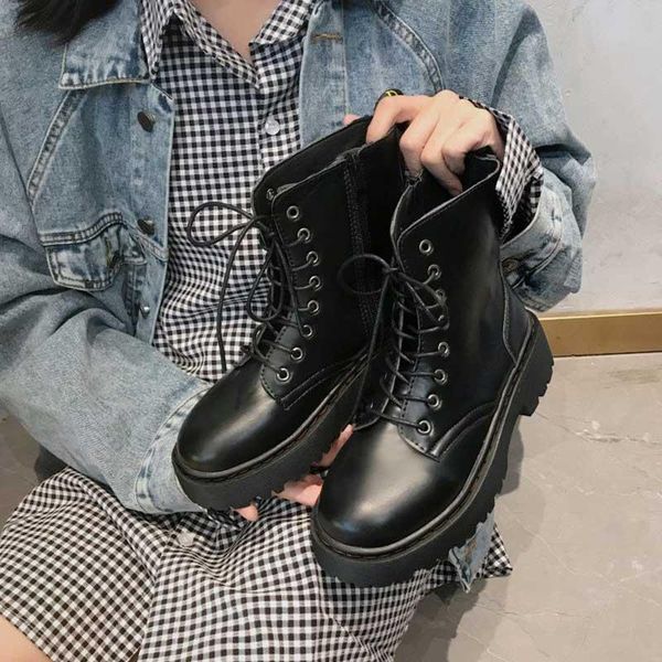 

platform ankle boots leather botas female motorcycle boots women's lace up thick bottom zipper botas de mujer black