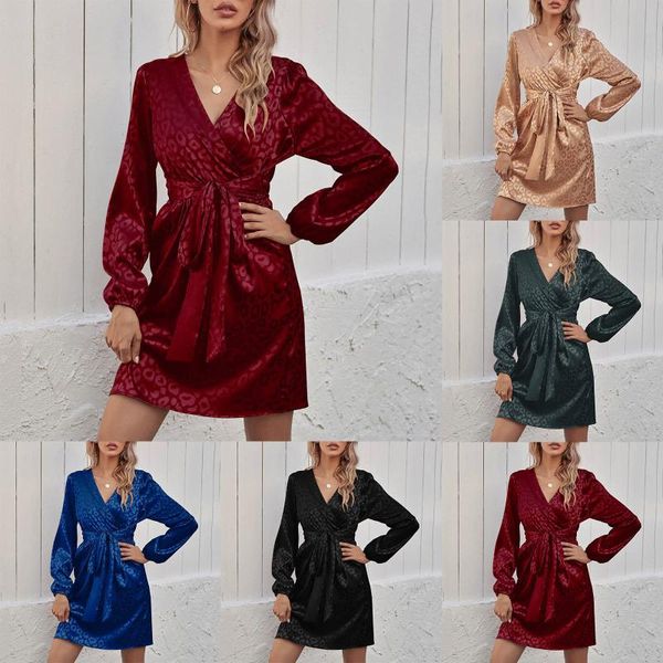 

fashion women casual loose leopard printed v-neck long sleeve dress, Black;gray