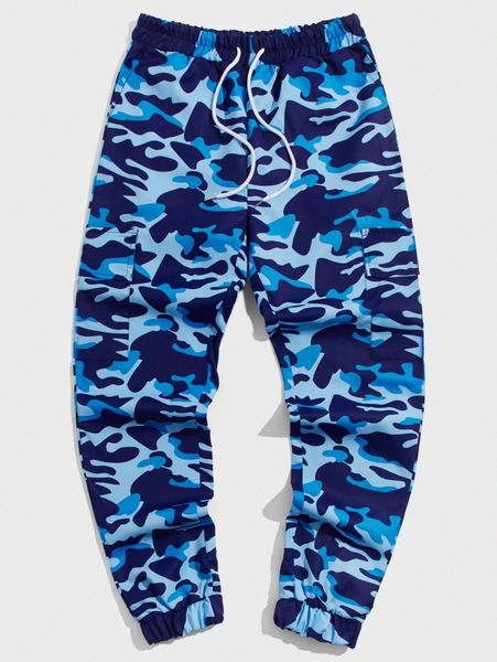 

romwe guys camo drawstring cargo pants d5d2#, Black