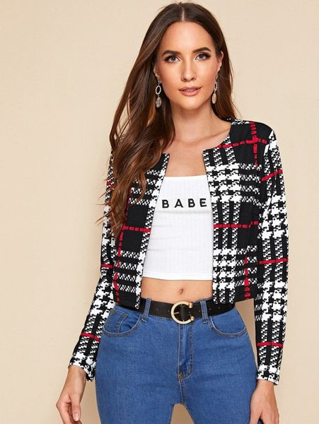 

open front plaid jacket c596#, Black;brown