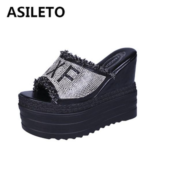 

asileto women new 2021 sandals peep toe 13cm wedges platform crystal dad shoes non-slip size 39 silver black summer f1092