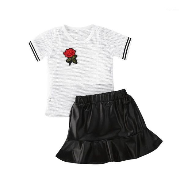 

12m-4y kids clothes sports suit summer 2pcs set mesh short sleeve cover up rose + sling vest + ruffles pu leather skirt sets1, White
