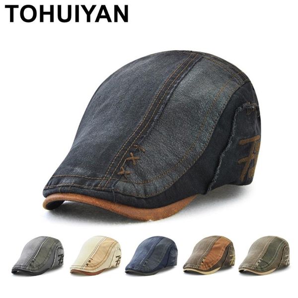 

tohuiyan men women vintage cotton patchwork newsboy cap duckbill visor casual cabbie beret caps brand strapback flat ivy hats, Blue;gray