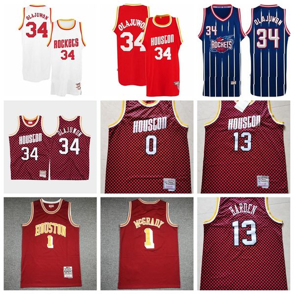 

men houston rockets hakeem olajuwon tracy mcgrady russell westbroo james harden ;swing players sew and embroider basketball jerseys, Black;red
