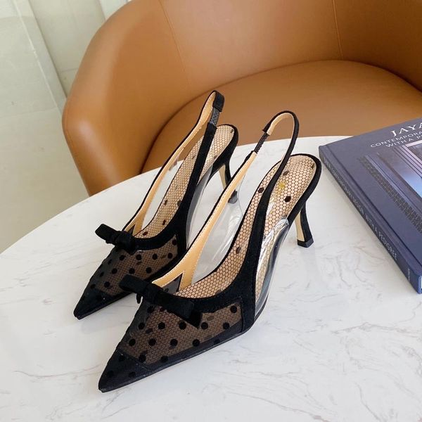 

2021 new style of women polka dot meshed pointed bowknot heels sandals equm, Black