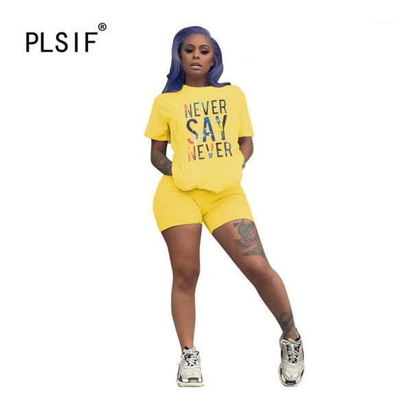

summer new style casual women's clothing letters spliced short sleeve and tight shorts 2 piece set sports set1, White