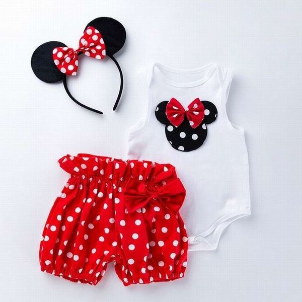 

baby girl cartoon set 2020 new cotton love heart sleeveless romper + dot shorts+hair hoop cute suit girl clothes lj201223, White