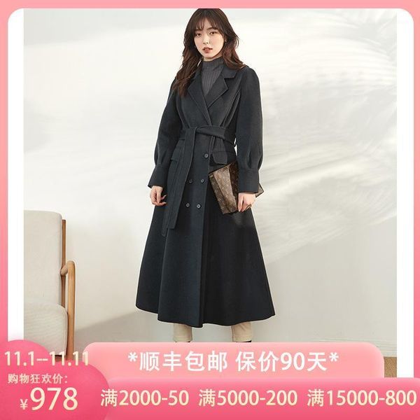 

women double sided dark grey fashion wool cashmere overcoats winter woolen jackets high end long handmade outwear plus size1, Black