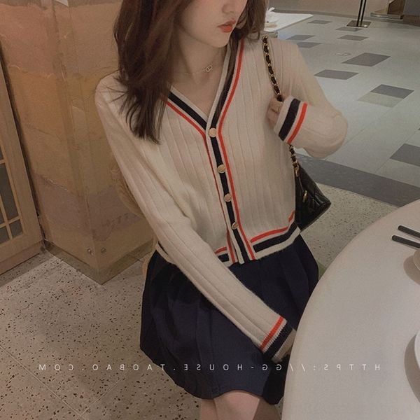 

yxjlo осеннего цвета студент top трикотажной 2020 долго нового трикотажем изящного контраста sleevestyle ленивого топа кардигана женского z4, White;black