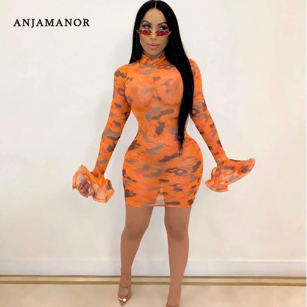 

anjamanor tie dye sheer mesh dress women club dresses 2020 see through ruffle long sleeve mini bodycon dress d37-ac151, Black;gray