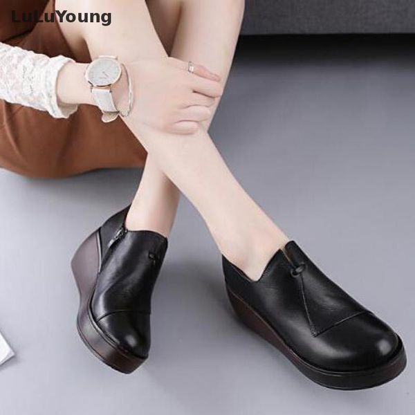 

boots leather womens ankle black high heel platform genuine shoes sy-2549