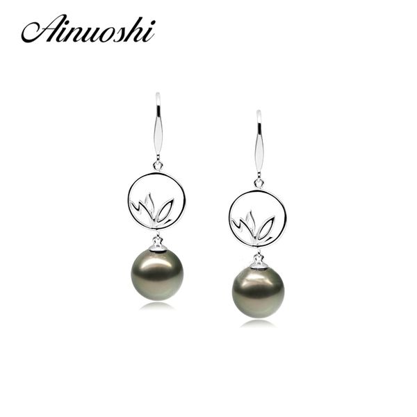 AINUOSHI orecchini di perle a forma di foglie in argento sterling 925 10.5-11mm perle nere di Tahiti naturali orecchini di perle rotonde da sposa Y200107