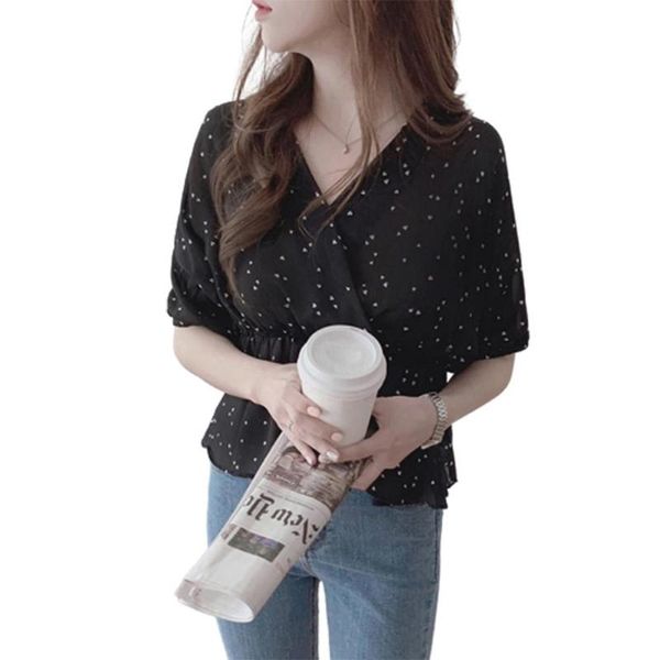 

missky women's blouse summer v-neck love-heart pattern short-sleeve shirt female new 2021, White