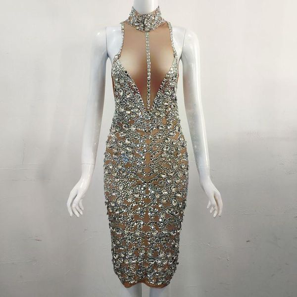 

casual dresses luxurious silver rhinestones stretch dress sleeveless shining crystals birthday party celebrate nightclub outfit, Black;gray