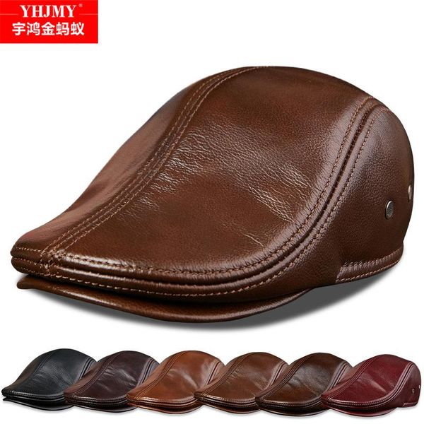 

middle-aged autumn and winter leather duck tongue hat men's fashion keep warm forward cowhide hat thick beret wholesale, Blue;gray