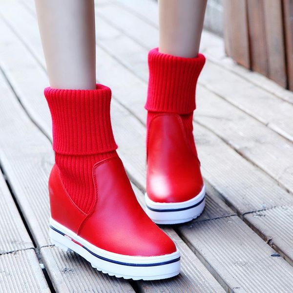 

women winter shoes square heels round toe boots knitting ankle boots height increasing woman shoes size 35-39 drop shipping, Black