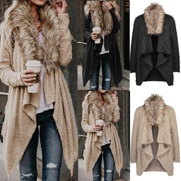 

autumn winter casual loose faux fur collar cardigan sweater female cotton warm long cardigan jacket outerwear, Tan;black
