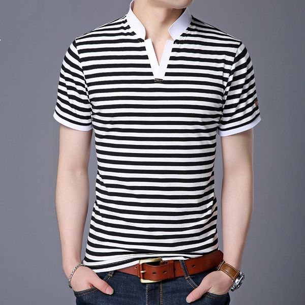 

2021 new new summer striped men polo shirts cleavage v short fashion casual wear for fine male cotton yqg3 jtk2, White;black