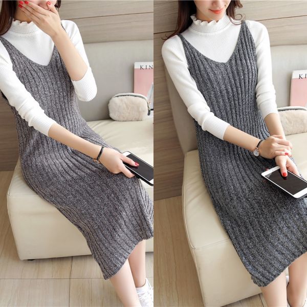 

autumn mid long wool suspender dressdress dresswomen's loose korean v-neck knitted skirt suspender strap skirt new winter dress 5ibfq, Black;gray