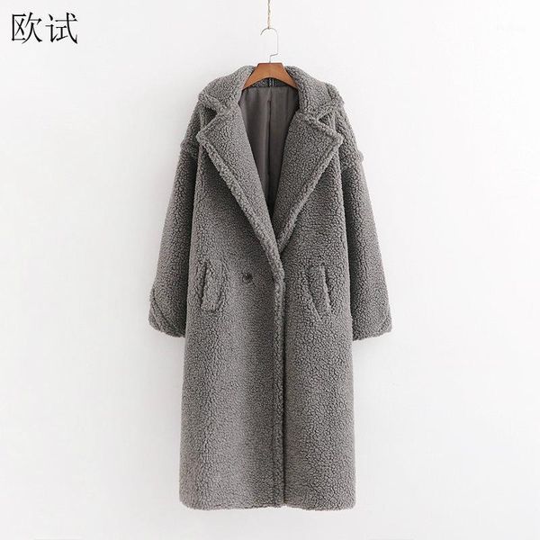 

plus size autumn winter faux fur teddy bear gray long coat women stylish thick warm coats cashmere woman fake fourrure jacket1, Black