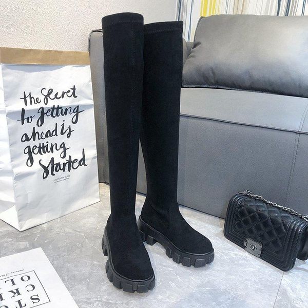 

boots the over women knee 2021 autumn fashion shoes high platform stretch cloth sock black flock thigh