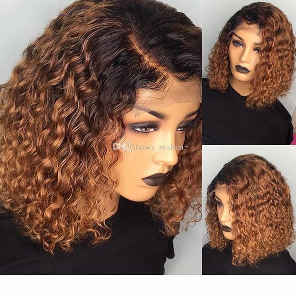 

13x6 deep part ombre lace front human hair wigs with baby hair pre plucked brazilian virgin kinky curly wig for black women, Black;brown