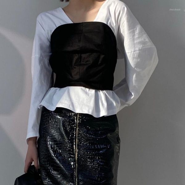 

12.12 high end women's new v-neck contrast color patchwork design long sleeve comfortable shirt blouse1, White