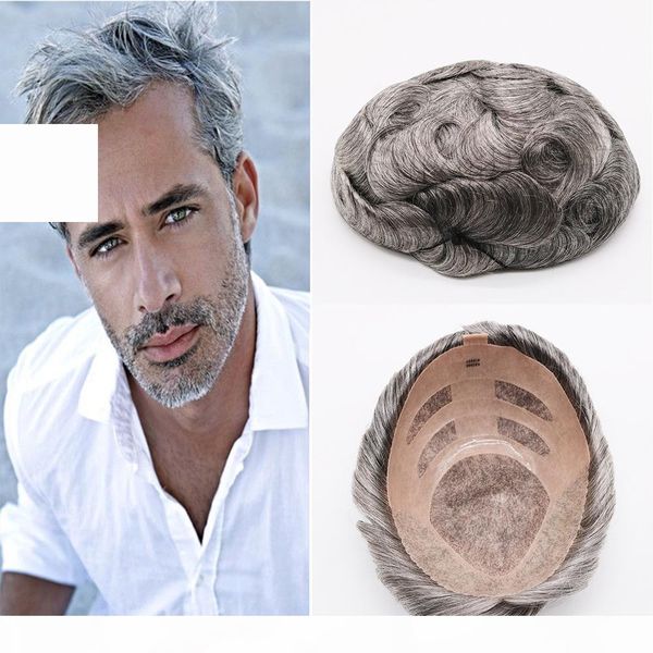 

natural brown gray mono lace toupees hand tied hairpieces human hair replacement toupees mens wigs, Black