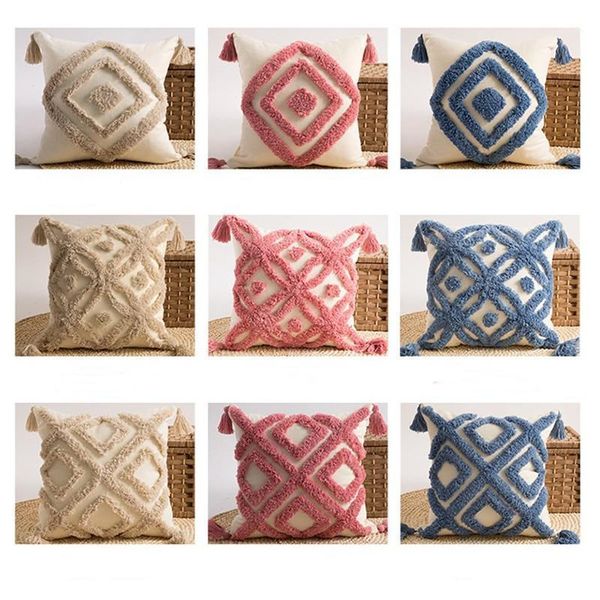 

beige tassels handmade morocco embroidery cushion cover pink blue diamond home decor pillow cover pillowcase pillow sham 45x45cm1