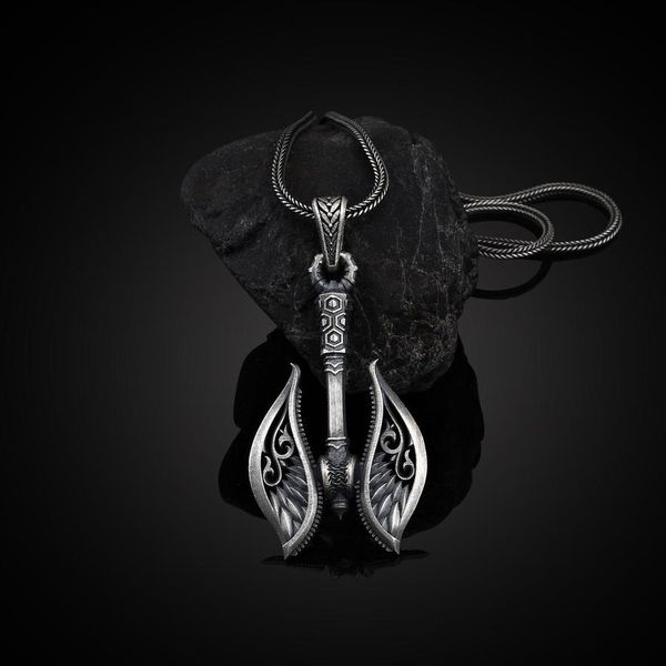 

viking pirate tomahawk necklace men's hip hop titanium steel gift sweater chain pendant, Silver