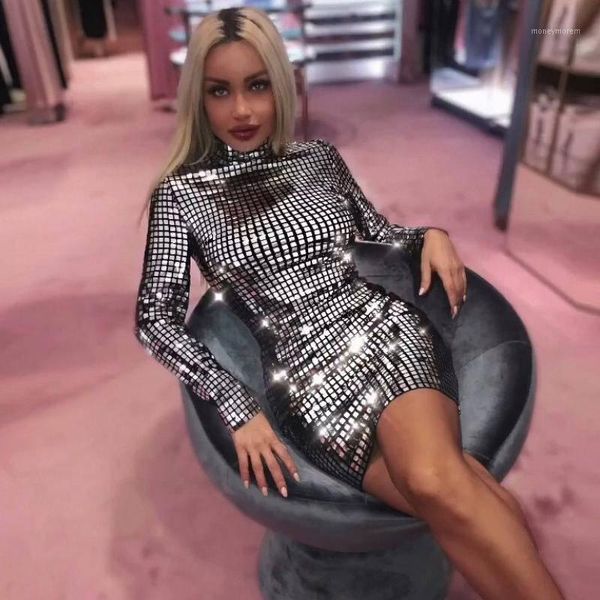 

casual dresses ohwera brin prader wears silver lenses, compact mini women wear high collar nine points sleeve sequin party dress1, Black;gray