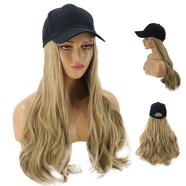 8 Farben verstellbare Damenhüte, gewellte Haarverlängerungen mit schwarzer Kappe, All-in-One-Baseballmütze für Damen, Y200714254G