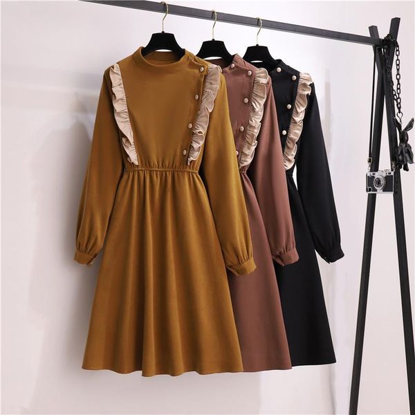 

new ladies autumn winter slim medium long vintage dress women hepburn style lantern sleeve ruffles o-neck solid midi dress, Black;gray