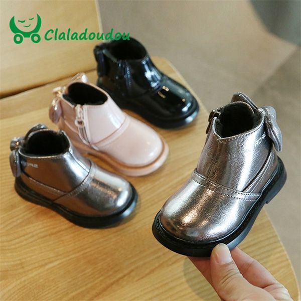 

claladoudou 12-15.5cm бренд яркий pu водонепроницаемый винтовка цвет черный лук снежные ботинки принцесса теплые детские ботинки квартиры y2, Black;grey