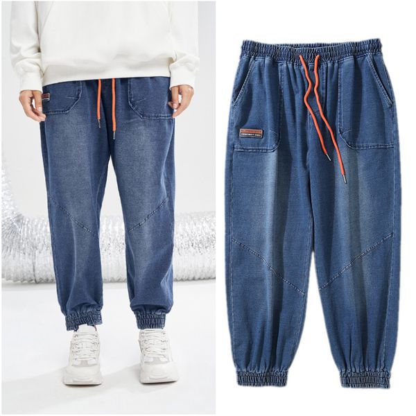 

autumn and winter jeans men's straight tube loose dark nine point trend korean versatile corset harem women's casual pants, Blue