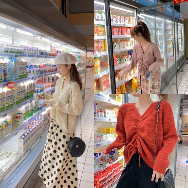 

maftb промышленность sweate талии тяжелый женский топ 2020 новых осенью топ и свитер зимой шнурок супер фея v-образным вырезом с длинным рук, White;black