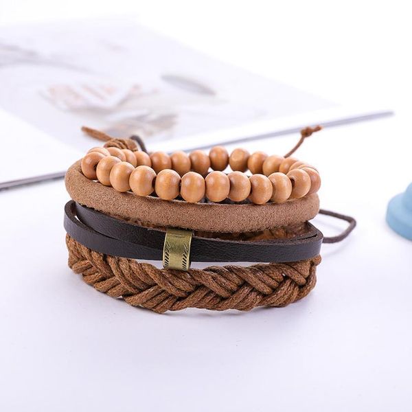 

eif dock ethnic 4 pcs/set wood beads charm handmade woven men leather bracelets women vintage bangle male homme jewelry jllgia