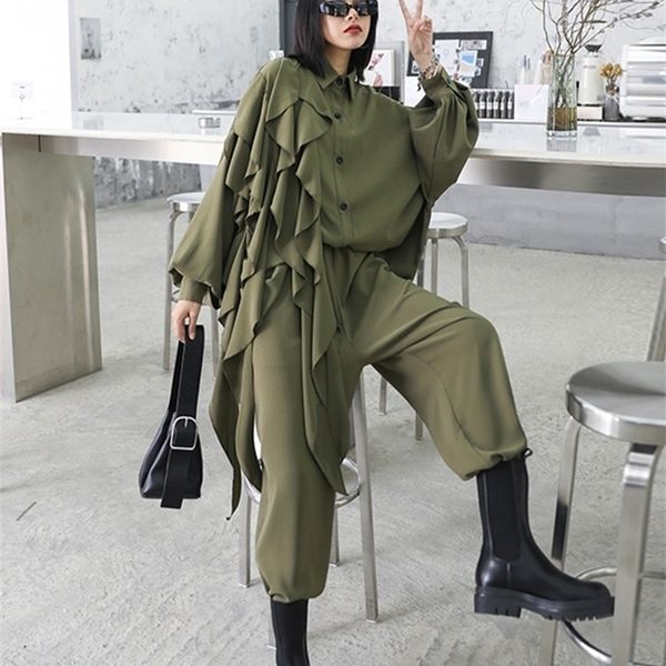 

[eam] wide leg pants ruffles big size two piece suit lapel long sleeve black loose women fashion spring autumn 1z84706 220315, White