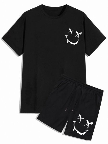 

romwe guys cartoon graphic tee & drawstring shorts f9i8#, Gray
