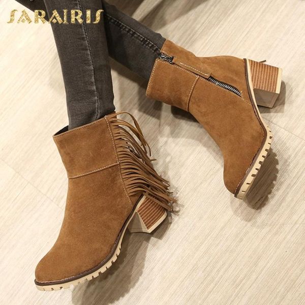 

boots sarairis 2021 arrivals big size 43 fringe ankle women shoes chunky heels zipper dropship spring autumn female, Black