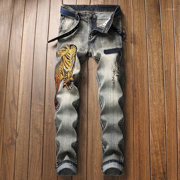

men's fashion trend straight jeans distressed denim pants winter ripped denim trousers1, Blue