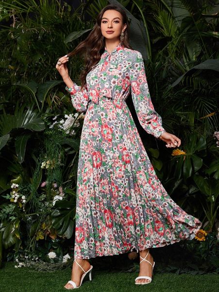 

allover floral print tie neck pleated dress q9ec#, Black;gray